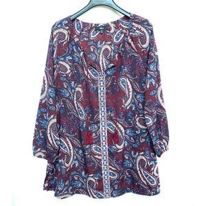 Ellos Women Tunic Top Sz M 14/16‎ Burgundy Multicolor Paisley Lightweight Sheer